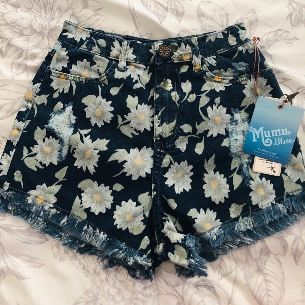 NWT Show Me Your MuMu Blue Floral Jean Shorts